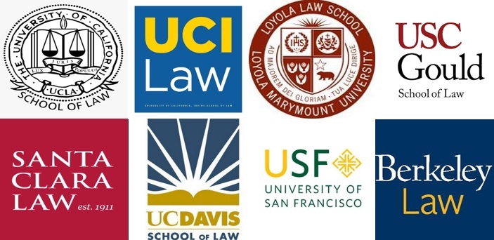logos for 8 law schools which includes UCLA, UCI, USF, UCD, UCB, Santa Clara, Loyola Marymount, and USC