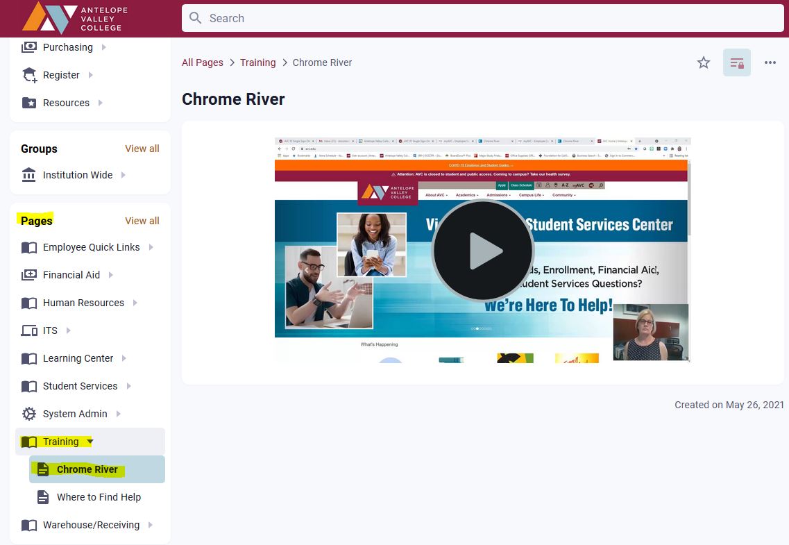 Screenshot of link location on myAVC (Pages, Training, Chrome River)
