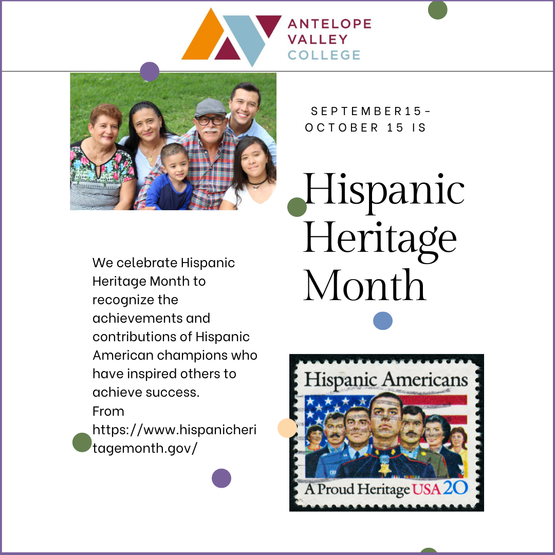 September 15-October 15 is Hispanic Heritage Month! Celebrate with books and DVDs from the AVC Library. You can also visit https://www.hispanicheritagemonth.gov/ for more information.
