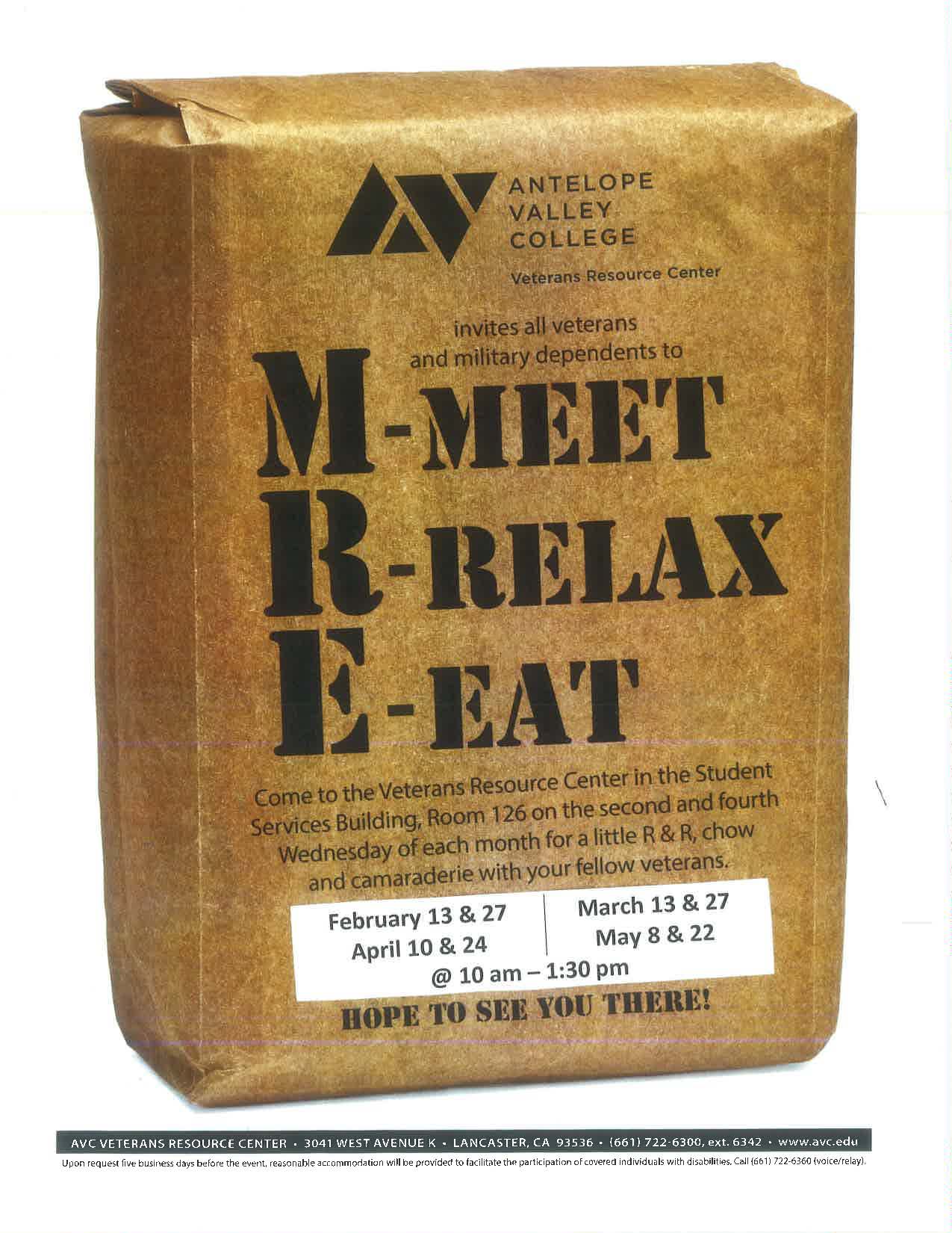 MRE's for Spring are on Feb 13 & 27, March 13 & 27, April 10 & 24, May 8 & 22 from 10:00am to 1:30pm