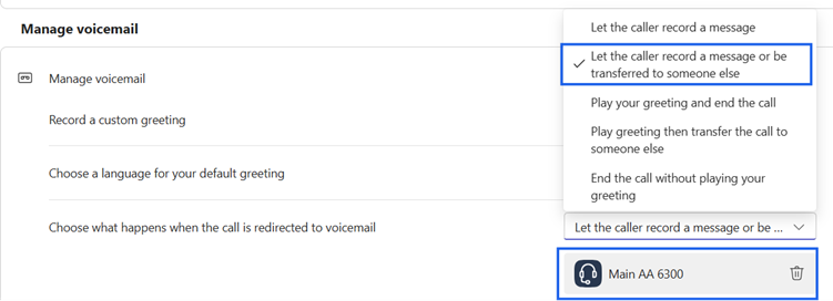 List the caller record a message or be transferred to someone els