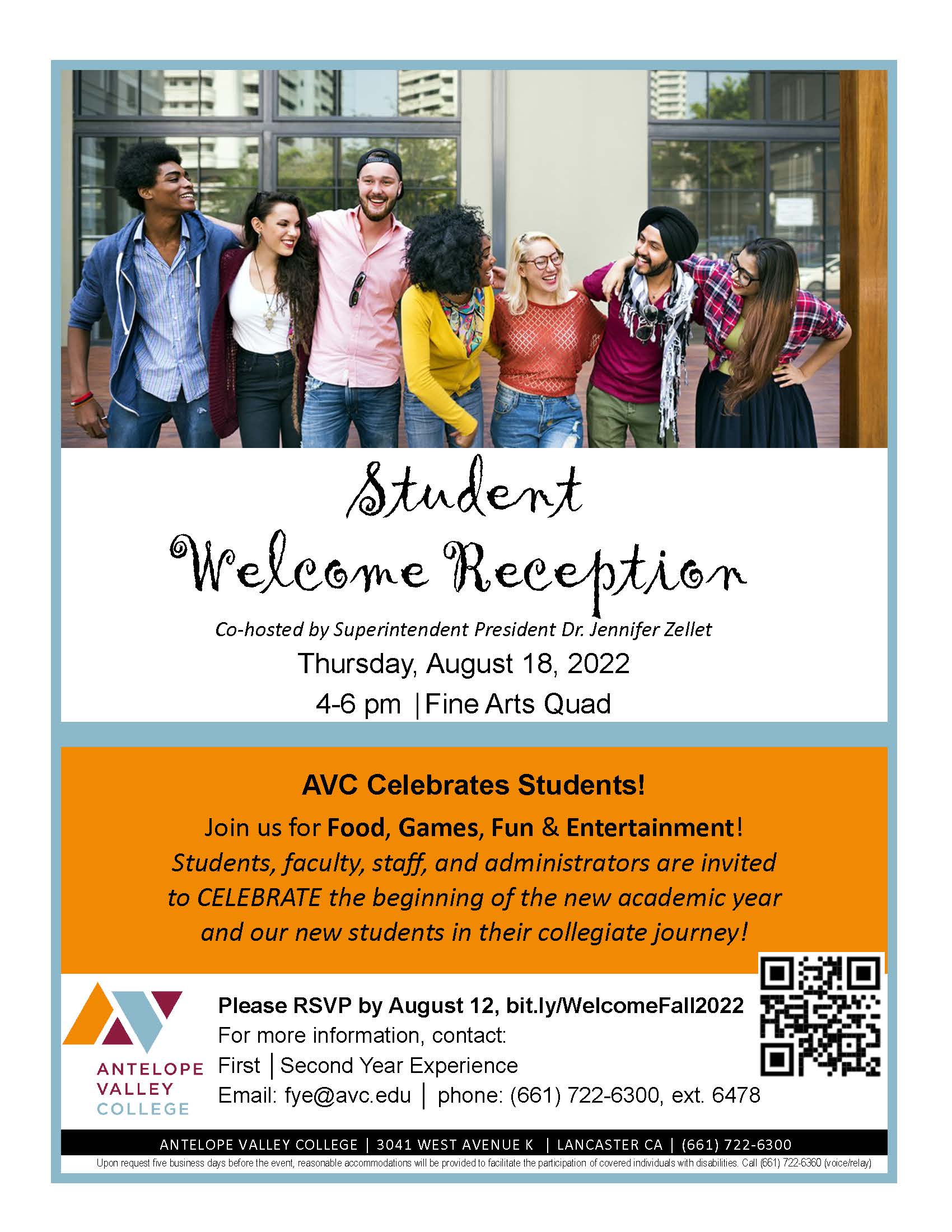 Student Welcome Reception Aug 18 at 4pm in the FA Quad