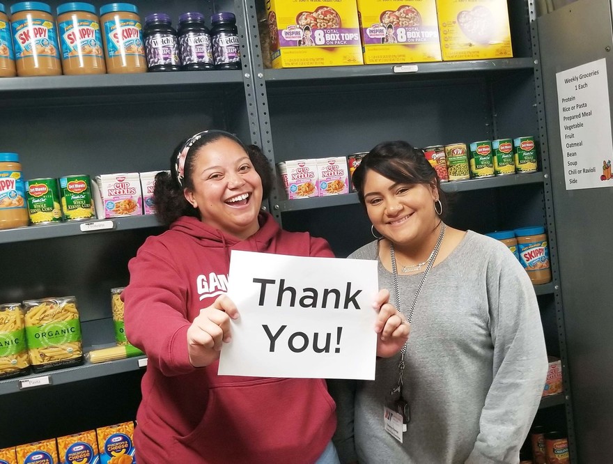 photos of students in food pantry saying thank you