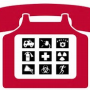 red telephone with keys depicting symbols of resources during a disaster: ambulance, doctor, red cross, person running, megaphone and fire extinguisher