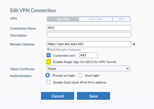 Enable Single Sign On (SSO) for VPN Tunnel