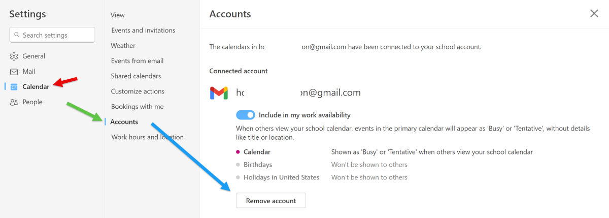 Outlook settings - Calendar - Accounts - Remove Account button