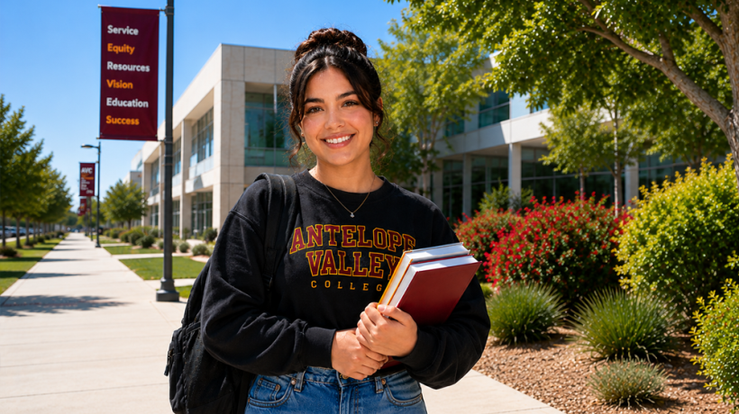 AVC Student holding college books by buildings