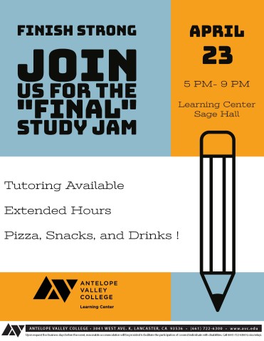 Final Study Jam event Tuesday, April 23, from 5-9pm in the Learning Center at Sage Hall