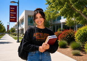 AVC Student holding college books by buildings