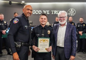 AVC alumnus Bruno Starling holds his certificate after being sworn in as a Law Enforcement Officer with the Lancaster Police Department