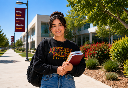 AVC Student holding college books by buildings